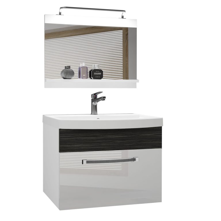 Badezimmermöbel Belini Premium Full Version Hochglanzweiß / königliches Ebenholz + Waschbecken + Spiegel + LED-Beleuchtung Glamour 16 Hersteller GLA PM 1/0/W/WHK/0/MB/PP
