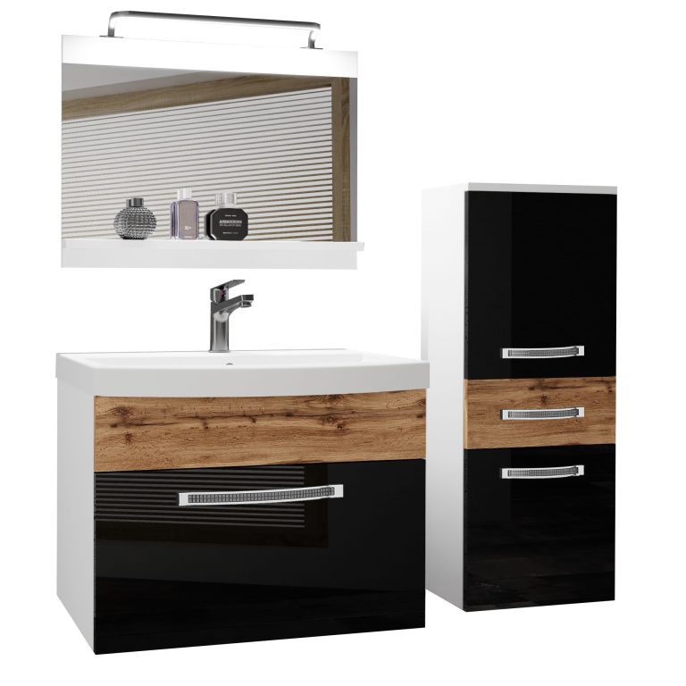 Badezimmermöbel Belini Premium Full Version Hochglanzschwarz / Wotan-Eiche + Waschbecken + Spiegel + LED-Beleuchtung Glamour 38 Hersteller GLA PM 2/0/W/BDW/0/MB/PP
