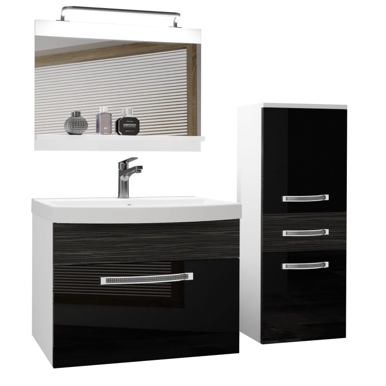 Badezimmermöbel Belini Premium Full Version Hochglanzschwarz / königliches Ebenholz + Waschbecken + Spiegel + LED-Beleuchtung Glamour 37 Hersteller GLA PM 2/0/W/BHK/0/MB/PP