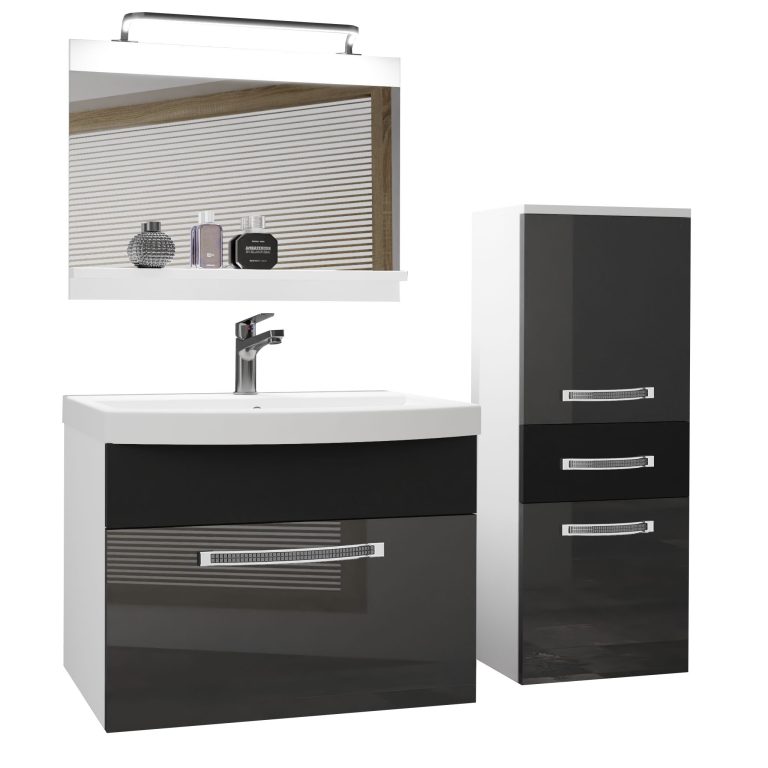 Badezimmermöbel Belini Premium Full Version Hochglanzgrau / Mattschwarz + Waschbecken + Spiegel + LED-Beleuchtung Glamour 32 Hersteller GLA PM 2/0/W/SB/0/MB/PP
