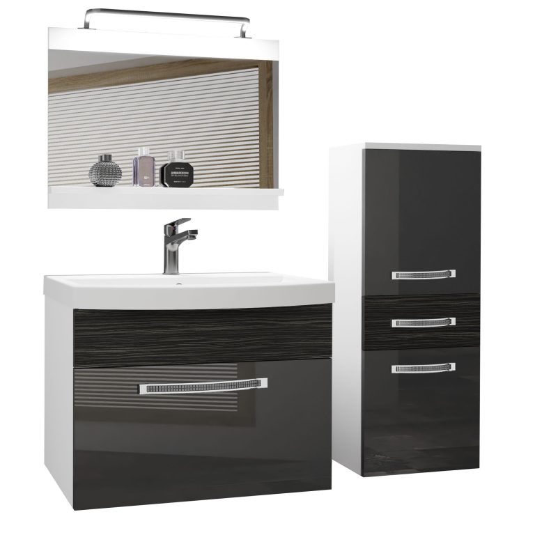 Badezimmermöbel Belini Premium Full Version Hochglanzgrau / königliches Ebenholz + Waschbecken + Spiegel + LED-Beleuchtung Glamour 33 Hersteller GLA PM 2/0/W/SHK/0/MB/PP