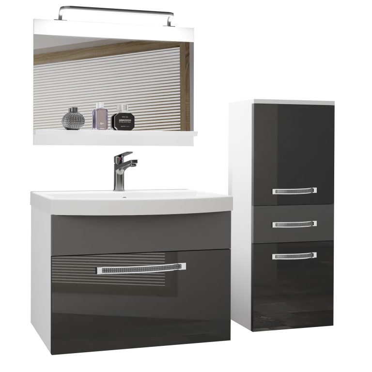 Badezimmermöbel Belini Premium Full Version Hochglanzgrau / Mattgrau + Waschbecken + Spiegel + LED-Beleuchtung Glamour 34 Hersteller GLA PM 2/0/W/SSR/0/MB/PP