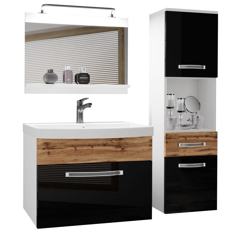 Badezimmermöbel Belini Premium Full Version Hochglanzschwarz / Wotan-Eiche + Waschbecken + Spiegel + LED-Beleuchtung Glamour 57 Hersteller GLA PM 3/0/W/BDW/0/MB/PP