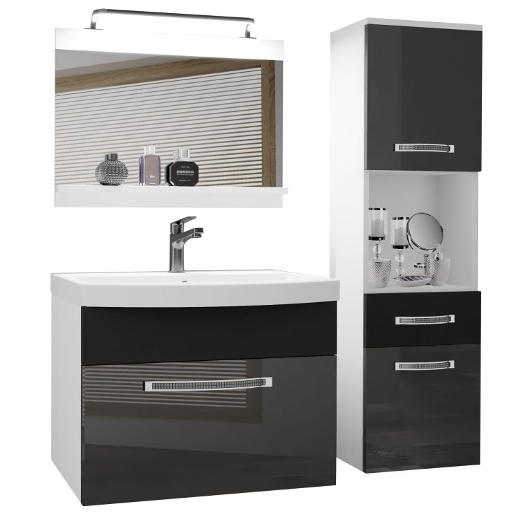 Badezimmermöbel Belini Premium Full Version Hochglanzgrau / Hochglanzschwarz + Waschbecken + Spiegel + LED-Beleuchtung Glamour 50 Hersteller GLA PM 3/0/W/SB/0/MB/PP