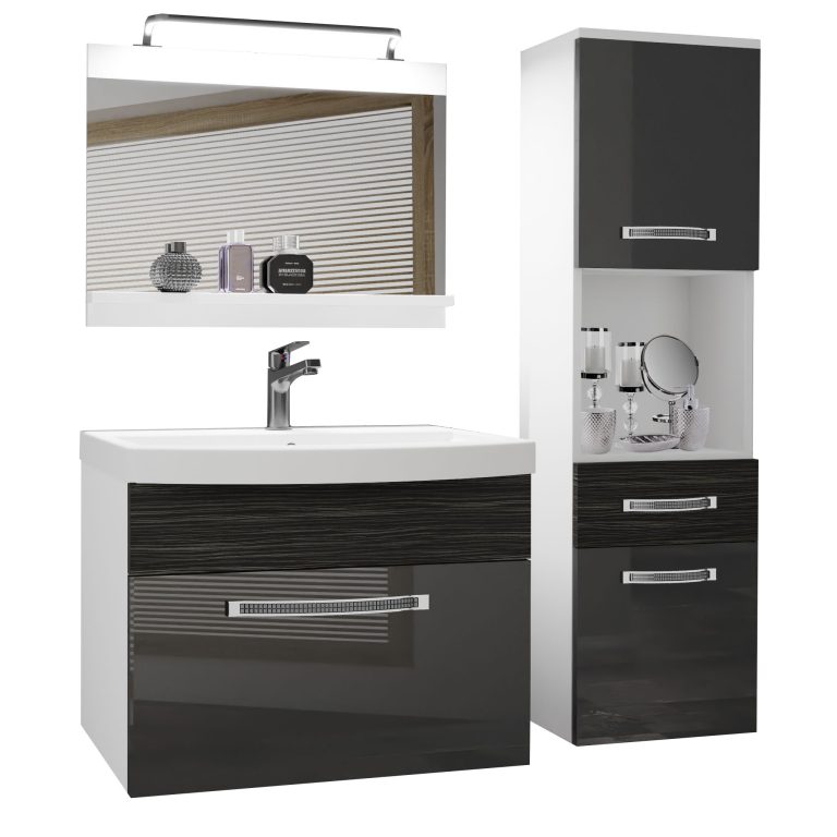 Badezimmermöbel Belini Premium Full Version Hochglanzgrau / königliches Ebenholz + Waschbecken + Spiegel + LED-Beleuchtung Glamour 52 Hersteller GLA PM 3/0/W/SHK/0/MB/PP