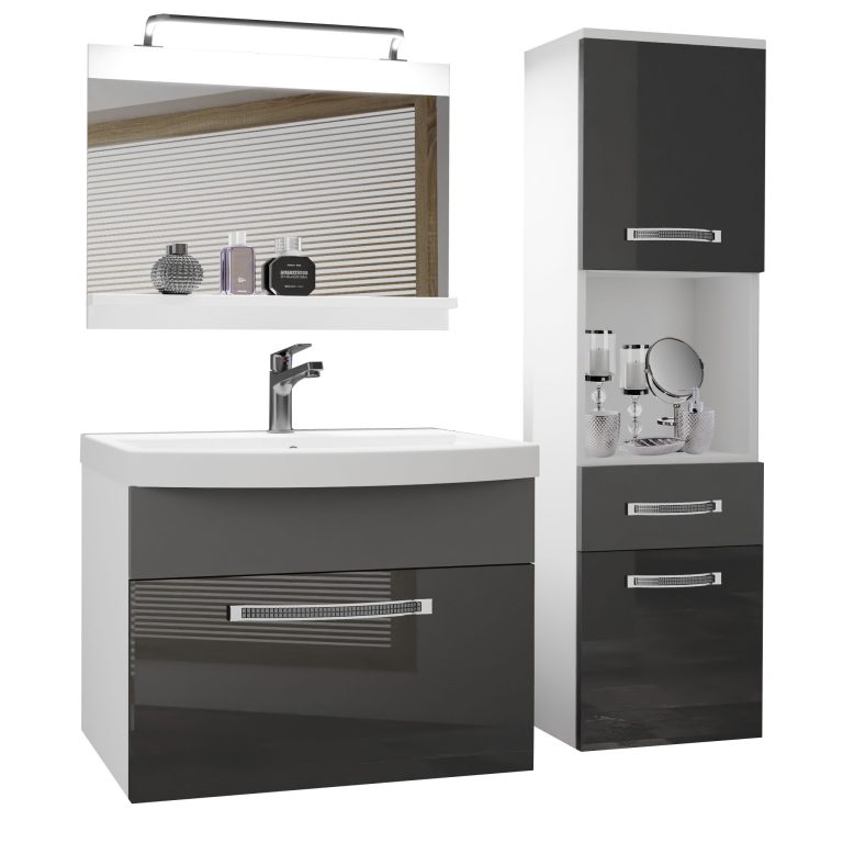 Badezimmermöbel Belini Premium Full Version Hochglanzgrau / Mattgrau + Waschbecken + Spiegel + LED-Beleuchtung Glamour 53 Hersteller GLA PM 3/0/W/SSR/0/MB/PP