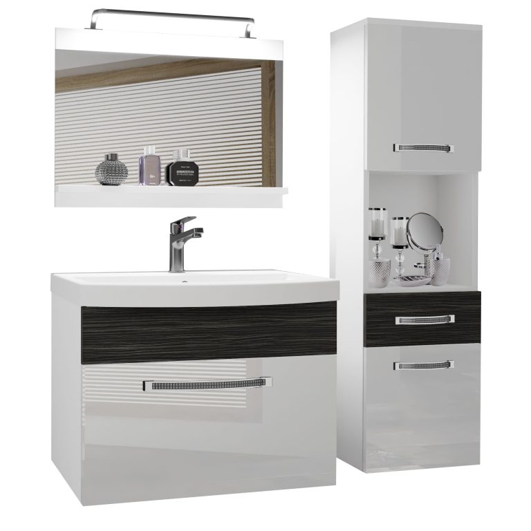 Badezimmermöbel Belini Premium Full Version Hochglanzweiß / königliches Ebenholz + Waschbecken + Spiegel + LED-Beleuchtung Glamour 54 Hersteller GLA PM 3/0/W/WHK/0/MB/PP