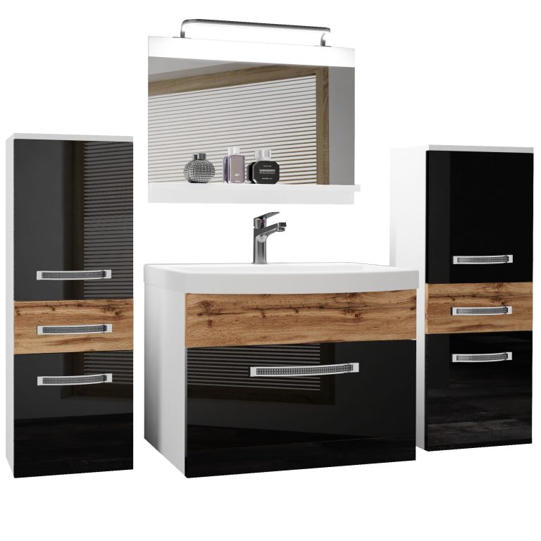 Badezimmermöbel Belini Premium Full Version Hochglanzschwarz / Wotan-Eiche + Waschbecken + Spiegel + LED-Beleuchtung Glamour 76 Hersteller GLA PM 4/0/W/BDW/0/MB/PP