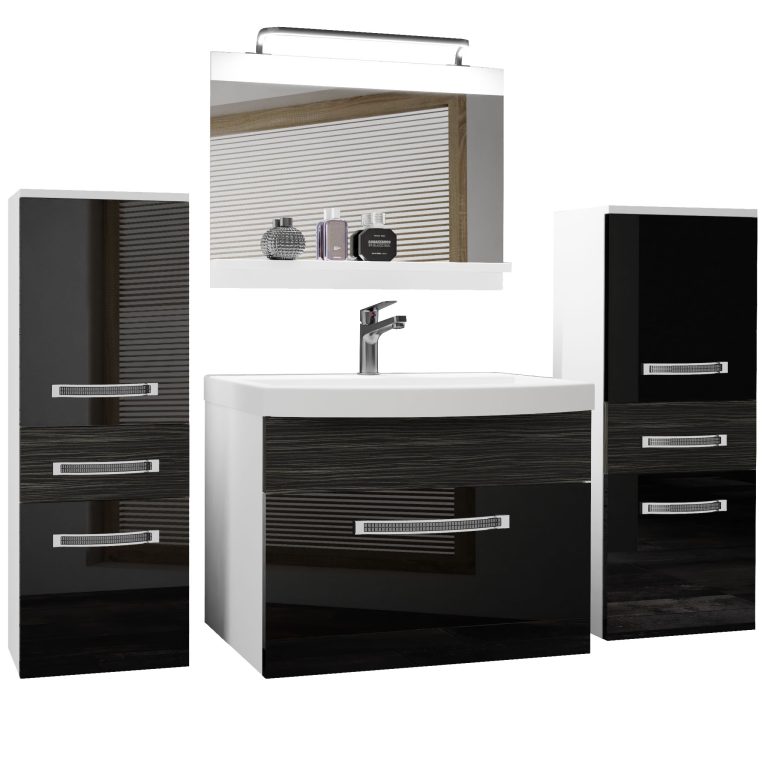 Badezimmermöbel Belini Premium Full Version Hochglanzschwarz / königliches Ebenholz + Waschbecken + Spiegel + LED-Beleuchtung Glamour 75 Hersteller GLA PM 4/0/W/BHK/0/MB/PP