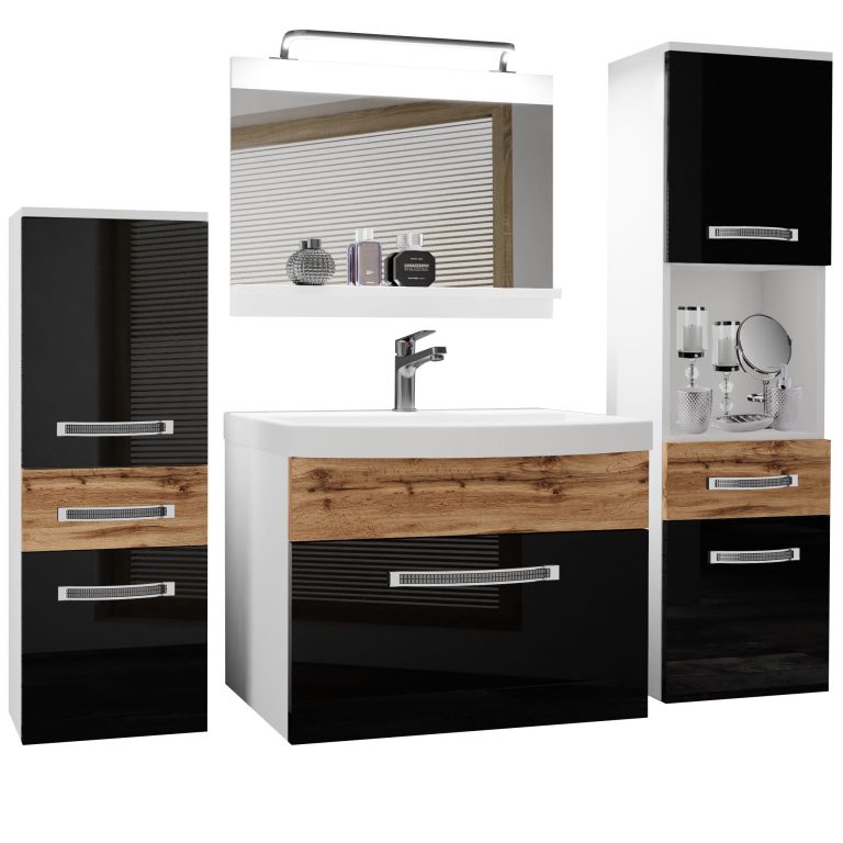 Badezimmermöbel Belini Premium Full Version Hochglanzschwarz / Wotan-Eiche + Waschbecken + Spiegel + LED-Beleuchtung Glamour 95 Hersteller GLA PM 5/0/W/BDW/0/MB/PP
