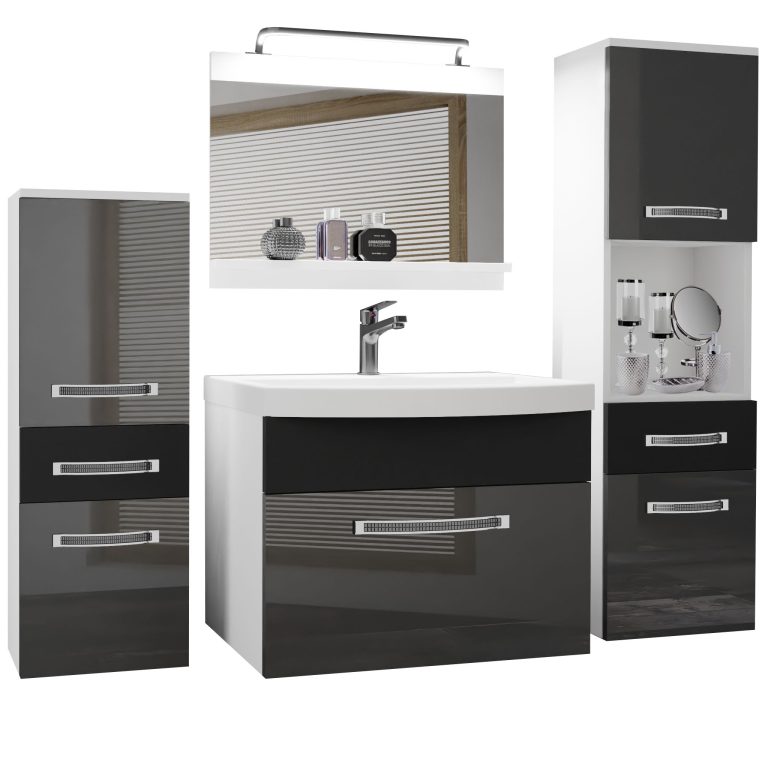 Badezimmermöbel Belini Premium Full Version Hochglanzgrau / Mattschwarz + Waschbecken + Spiegel + LED-Beleuchtung Glamour 89 Hersteller GLA PM 5/0/W/SB/0/MB/PP
