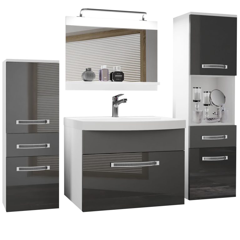 Badezimmermöbel Belini Premium Full Version Hochglanzgrau / Mattgrau + Waschbecken + Spiegel + LED-Beleuchtung Glamour 91 Hersteller GLA PM 5/0/W/SSR/0/MB/PP
