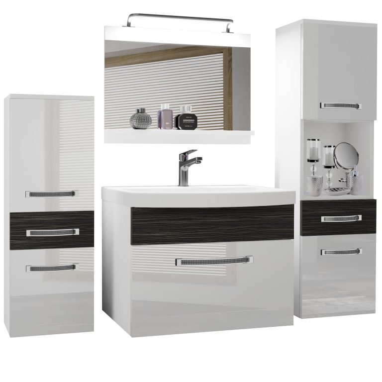 Badezimmermöbel Belini Premium Full Version Hochglanzweiß / königliches Ebenholz + Waschbecken + Spiegel + LED-Beleuchtung Glamour 92 Hersteller GLA PM 5/0/W/WHK/0/MB/PP
