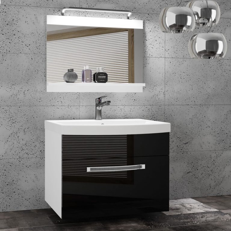 Badezimmermöbel Belini Premium Full Version Hochglanzschwarz + Waschbecken + Spiegel + LED-Beleuchtung Glamour 6 Hersteller GLA P 1/0/W/B/0/MB/PP