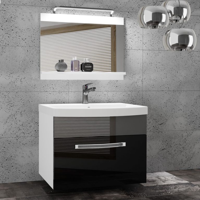 Badezimmermöbel Belini Premium Full Version Hochglanzschwarz / Hochglanzgrau + Waschbecken + Spiegel + LED-Beleuchtung Glamour 11 Hersteller GLA P 1/0/W/BS/0/MB/PP