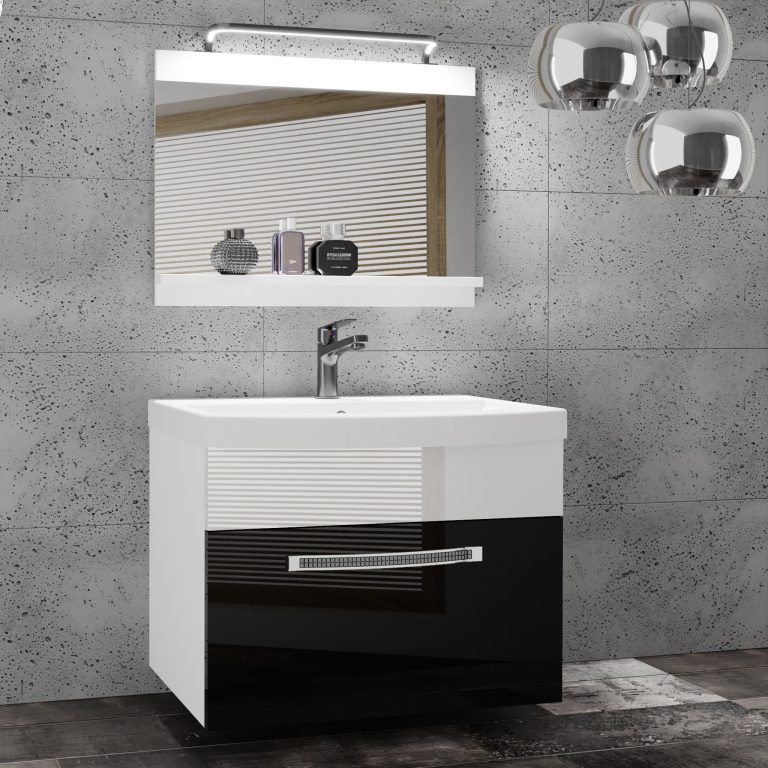 Badezimmermöbel Belini Premium Full Version Hochglanzschwarz / Hochglanzweiß + Waschbecken + Spiegel + LED-Beleuchtung Glamour 10 Hersteller GLA P 1/0/W/BW/0/MB/PP