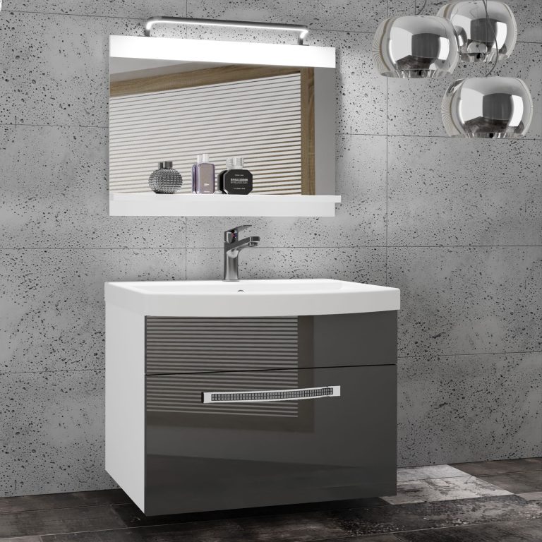 Badezimmermöbel Belini Premium Full Version Hochglanzgrau + Waschbecken + Spiegel + LED-Beleuchtung Glamour 7 Hersteller GLA P 1/0/W/S/0/MB/PP