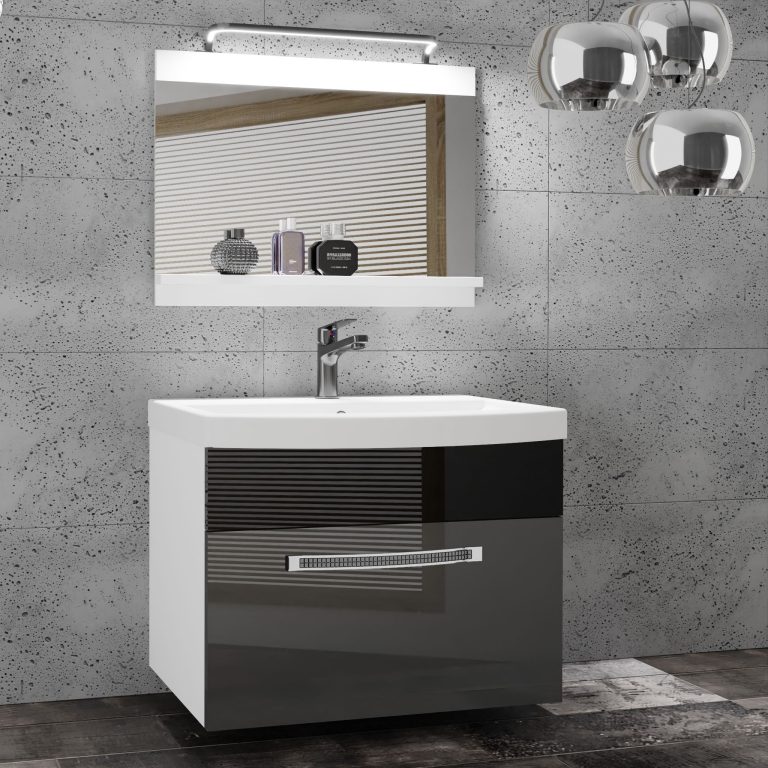Badezimmermöbel Belini Premium Full Version Hochglanzgrau / Hochglanzschwarz + Waschbecken + Spiegel + LED-Beleuchtung Glamour 12 Hersteller GLA P 1/0/W/SB/0/MB/PP