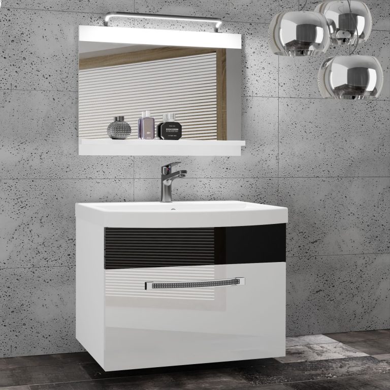 Badezimmermöbel Belini Premium Full Version Hochglanzweiß / Hochglanzschwarz + Waschbecken + Spiegel + LED-Beleuchtung Glamour 8 Hersteller GLA P 1/0/W/WB/0/MB/PP