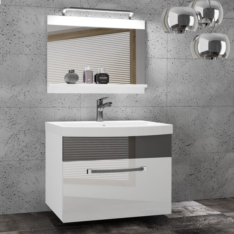 Badezimmermöbel Belini Premium Full Version Hochglanzweiß / Hochglanzgrau + Waschbecken + Spiegel +LED-Beleuchtung Glamour 9 Hersteller GLA P 1/0/W/WS/0/MB/PP