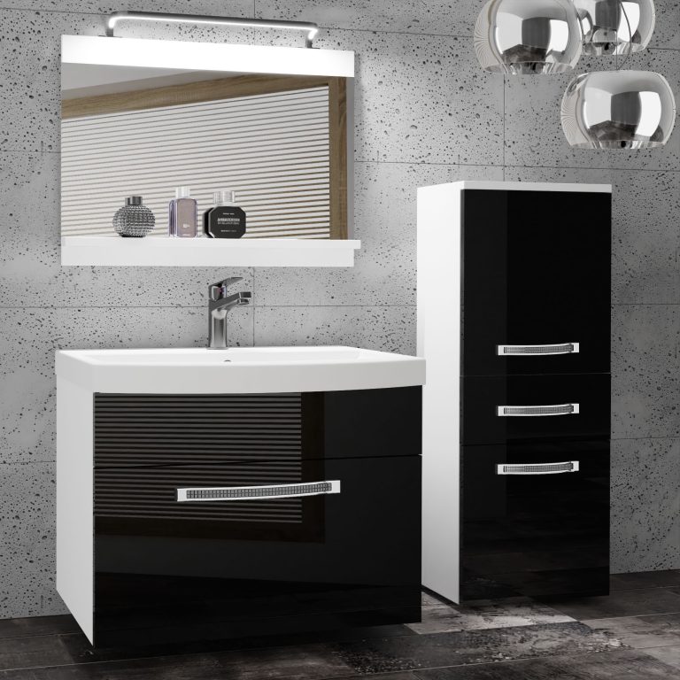 Badezimmermöbel Belini Premium Full Version Hochglanzschwarz + Waschbecken + Spiegel + LED-Beleuchtung Glamour 25 Hersteller GLA P 2/0/W/B/0/MB/PP