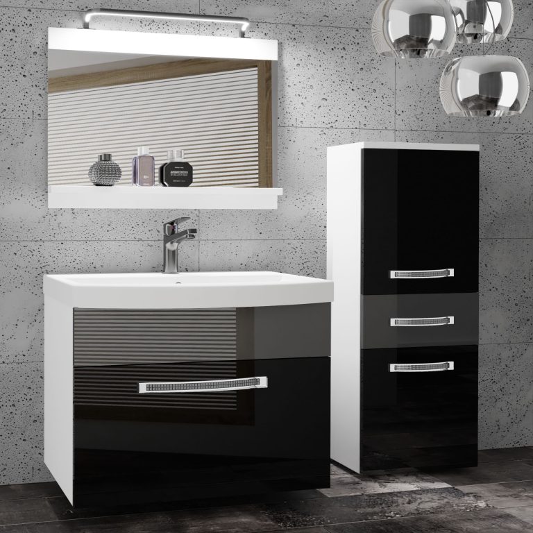 Badezimmermöbel Belini Premium Full Version Hochglanzschwarz / Hochglanzgrau + Waschbecken + Spiegel + LED-Beleuchtung Glamour 30 Hersteller GLA P 2/0/W/BS/0/MB/PP
