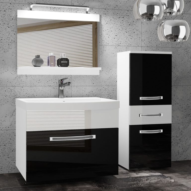 Badezimmermöbel Belini Premium Full Version Hochglanzschwarz / Hochglanzweiß + Waschbecken + Spiegel + LED-Beleuchtung Glamour 29 Hersteller GLA P 2/0/W/BW/0/MB/PP