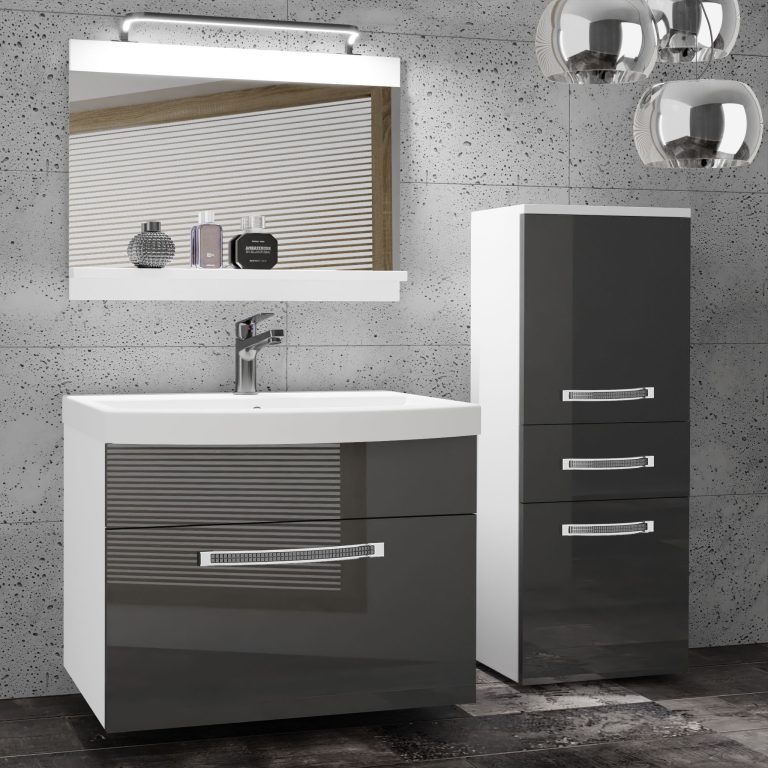 Badezimmermöbel Belini Premium Full Version Hochglanzgrau + Waschbecken + Spiegel + LED-Beleuchtung Glamour 25 Hersteller GLA P 2/0/W/S/0/MB/PP