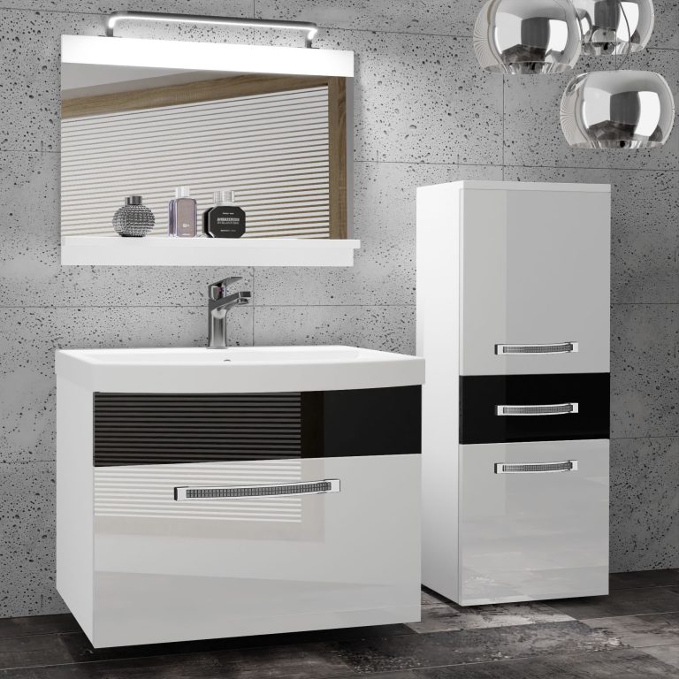 Badezimmermöbel Belini Premium Full Version Hochglanzweiß / Hochglanzschwarz + Waschbecken + Spiegel + LED-Beleuchtung Glamour 27 Hersteller GLA P 2/0/W/WB/0/MB/PP