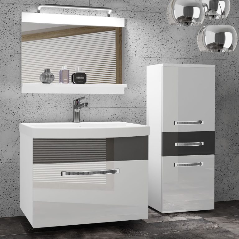 Badezimmermöbel Belini Premium Full Version Hochglanzweiß / Hochglanzgrau + Waschbecken + Spiegel + LED-Beleuchtung Glamour 28 Hersteller GLA P 2/0/W/WS/0/MB/PP