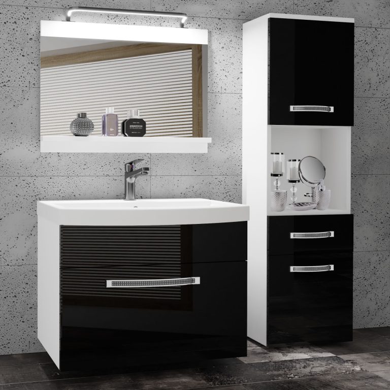 Badezimmermöbel Belini Premium Full Version Hochglanzschwarz + Waschbecken + Spiegel + LED-Beleuchtung Glamour 44 Hersteller GLA P 3/0/W/B/0/MB/PP