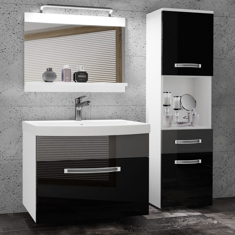 Badezimmermöbel Belini Premium Full Version Hochglanzschwarz / Hochglanzgrau + Waschbecken + Spiegel + LED-Beleuchtung Glamour 49 Hersteller GLA P 3/0/W/BS/0/MB/PP
