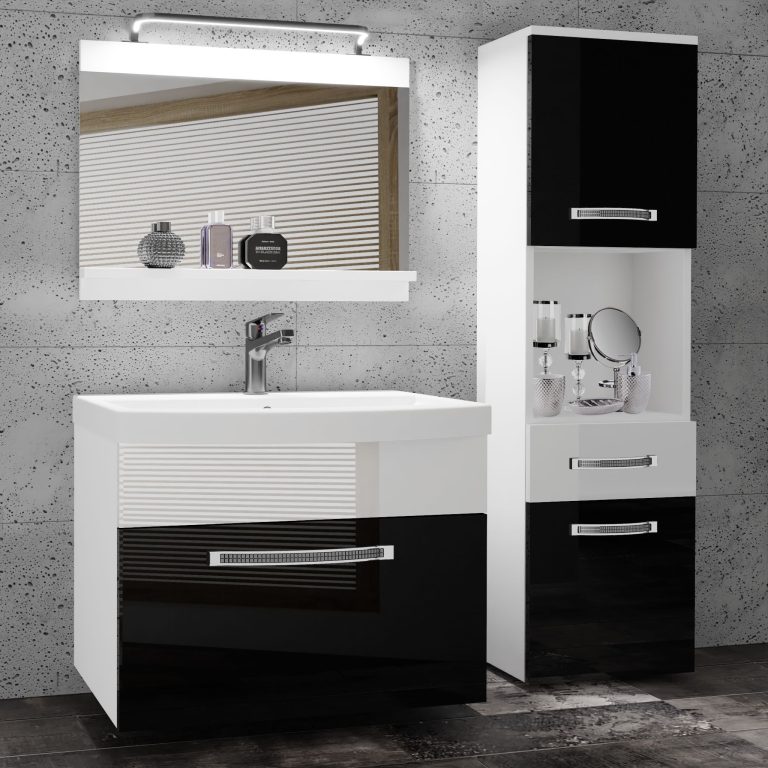Badezimmermöbel Belini Premium Full Version Hochglanzschwarz / Hochglanzweiß + Waschbecken + Spiegel + LED-Beleuchtung Glamour 48 Hersteller GLA P 3/0/W/BW/0/MB/PP