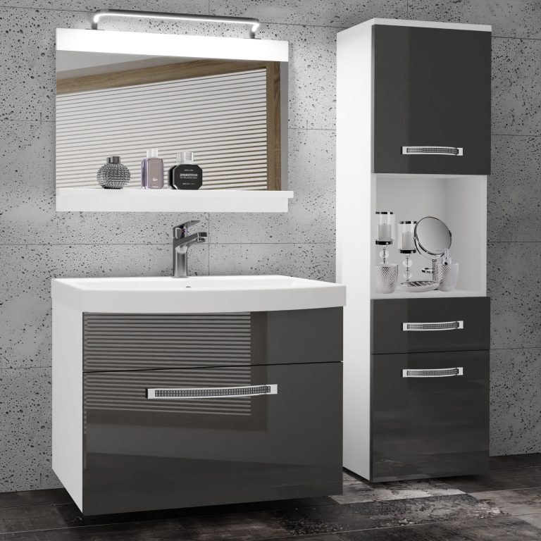 Badezimmermöbel Belini Premium Full Version Hochglanzgrau + Waschbecken + Spiegel + LED-Beleuchtung Glamour 45 Hersteller GLA P 3/0/W/S/0/MB/PP