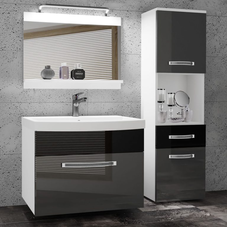 Badezimmermöbel Belini Premium Full Version Hochglanzgrau / Hochglanzschwarz + Waschbecken + Spiegel + LED-Beleuchtung Glamour 50 Hersteller GLA P 3/0/W/SB/0/MB/PP
