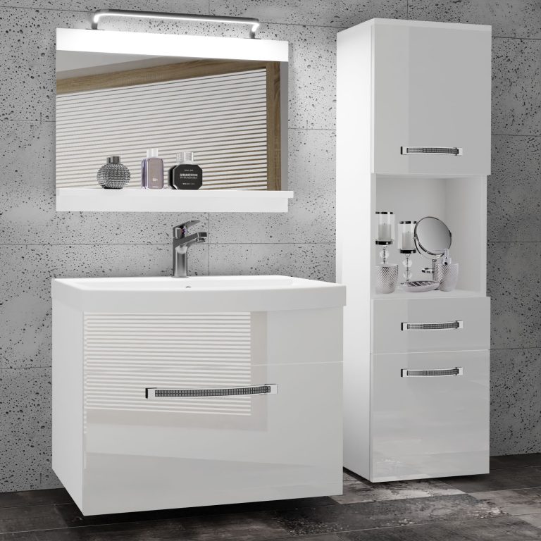 Badezimmermöbel Belini Premium Full Version Hochglanzweiß + Waschbecken + Spiegel + LED-Beleuchtung Glamour 43 Hersteller GLA P 3/0/W/W/0/MB/PP