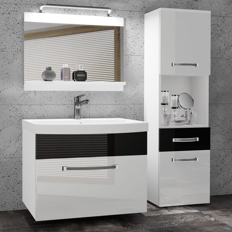 Badezimmermöbel Belini Premium Full Version Hochglanzweiß / Hochglanzschwarz + Waschbecken + Spiegel + LED-Beleuchtung Glamour 46 Hersteller GLA P 3/0/W/WB/0/MB/PP