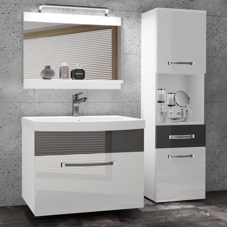 Badezimmermöbel Belini Premium Full Version Hochglanzweiß / Hochglanzgrau + Waschbecken + Spiegel + LED-Beleuchtung Glamour 47 Hersteller GLA P 3/0/W/WS/0/MB/PP