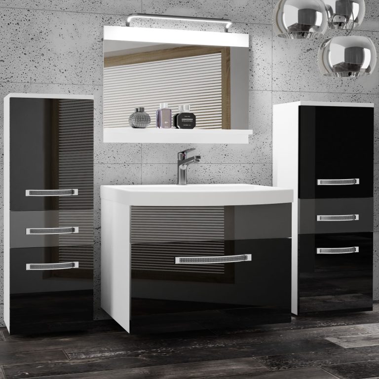 Badezimmermöbel Belini Premium Full Version Hochglanzschwarz / Hochglanzgrau+ Waschbecken + Spiegel + LED-Beleuchtung Glamour 68 Hersteller GLA P 4/0/W/BS/0/MB/PP