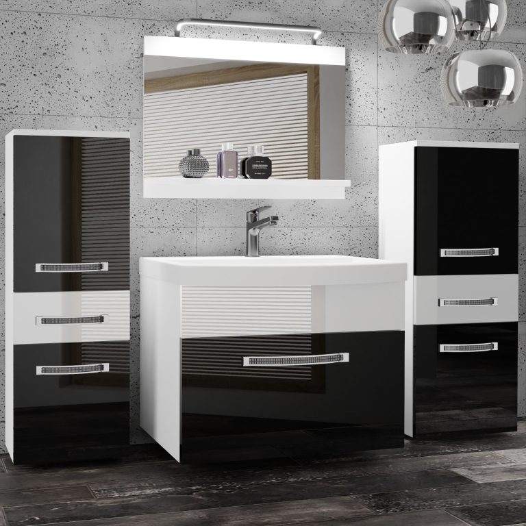 Badezimmermöbel Belini Premium Full Version Hochglanzschwarz / Hochglanzweiß + Waschbecken + Spiegel + LED-Beleuchtung Glamour 67 Hersteller GLA P 4/0/W/BW/0/MB/PP
