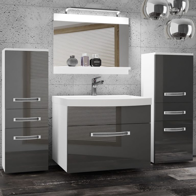 Badezimmermöbel Belini Premium Full Version Hochglanzgrau + Waschbecken + Spiegel + LED-Beleuchtung Glamour 64 Hersteller GLA P 4/0/W/S/0/MB/PP
