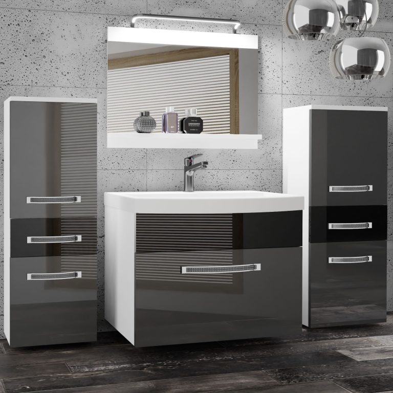 Badezimmermöbel Belini Premium Full Version Hochglanzgrau / Hochglanzschwarz + Waschbecken + Spiegel + LED-Beleuchtung Glamour 69 Hersteller GLA P 4/0/W/SB/0/MB/PP