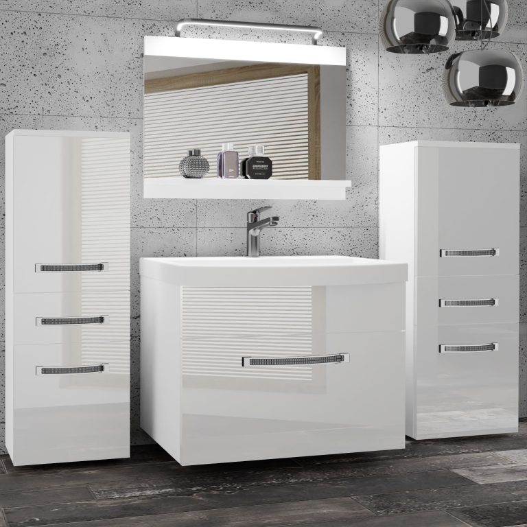 Badezimmermöbel Belini Premium Full Version Hochglanzweiß + Waschbecken + Spiegel + LED-Beleuchtung Glamour 62 Hersteller GLA P 4/0/W/W/0/MB/PP

