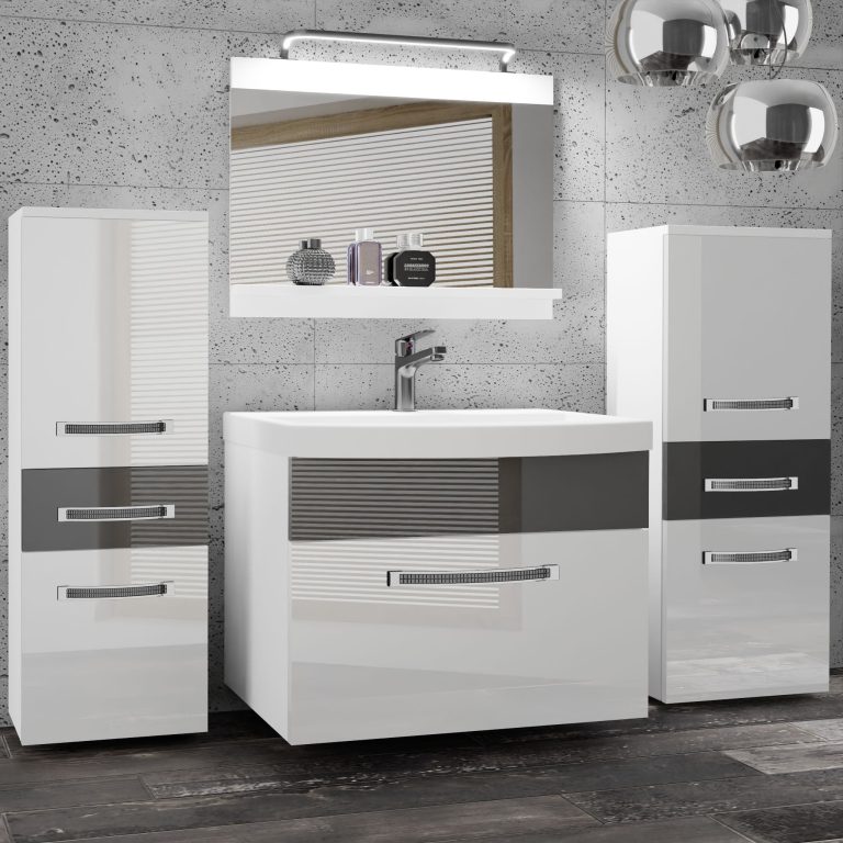 Badezimmermöbel Belini Premium Full Version Hochglanzweiß / Hochglanzgrau + Waschbecken + Spiegel + LED-Beleuchtung Glamour 66 Hersteller GLA P 4/0/W/WS/0/MB/PP
