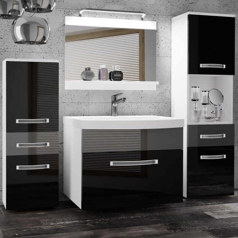 Badezimmermöbel Belini Premium Full Version Hochglanzschwarz / Hochglanzgrau + Waschbecken + Spiegel + LED-Beleuchtung Glamour 87 Hersteller GLA P 5/0/W/BS/0/MB/PP
