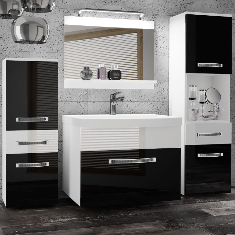 Badezimmermöbel Belini Premium Full Version Hochglanzschwarz / Hochglanzweiß + Waschbecken + Spiegel + LED-Beleuchtung Glamour 86 Hersteller  GLA P 5/0/W/BW/0/MB/PP
