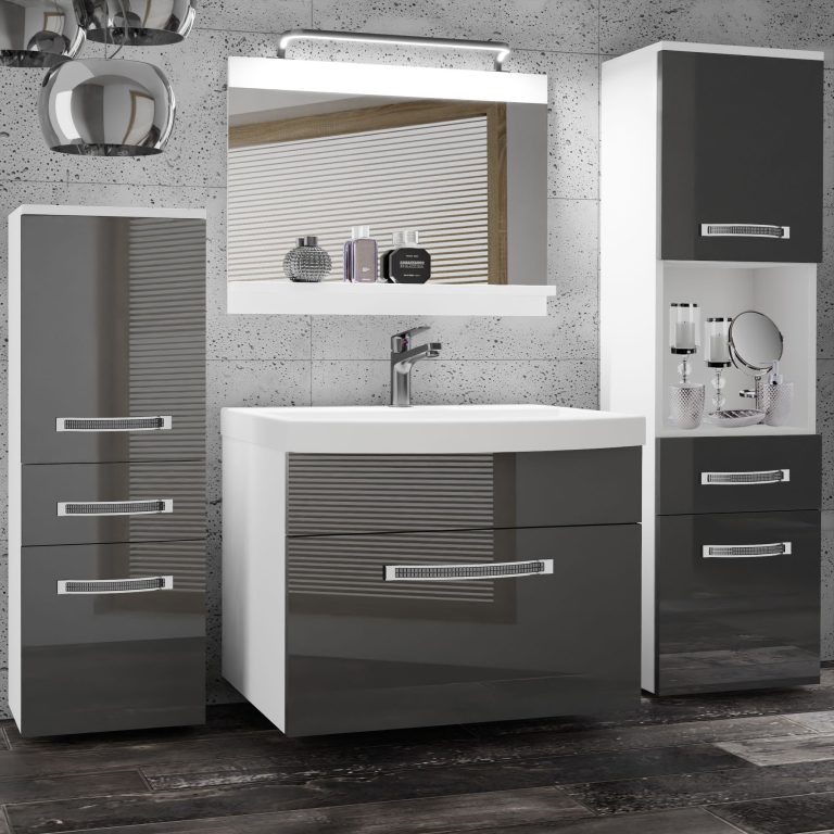 Badezimmermöbel Belini Premium Full Version Hochglanzgrau + Waschbecken + Spiegel + LED-Beleuchtung Glamour 83 Hersteller GLA P 5/0/W/S/0/MB/PP
