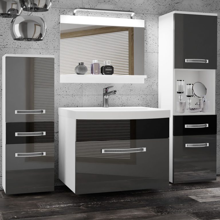 Badezimmermöbel Belini Premium Full Version Hochglanzgrau / Hochglanzschwarz  + Waschbecken + Spiegel + LED-Beleuchtung Glamour 88 Hersteller GLA P 5/0/W/SB/0/MB/PP
