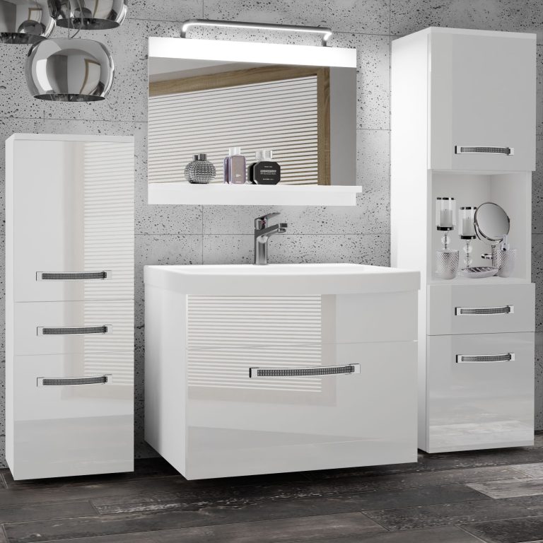 Badezimmermöbel Belini Premium Full Version Hochglanzweiß + Waschbecken + Spiegel + LED-Beleuchtung Glamour 81 Hersteller GLA P 5/0/W/W/0/MB/PP