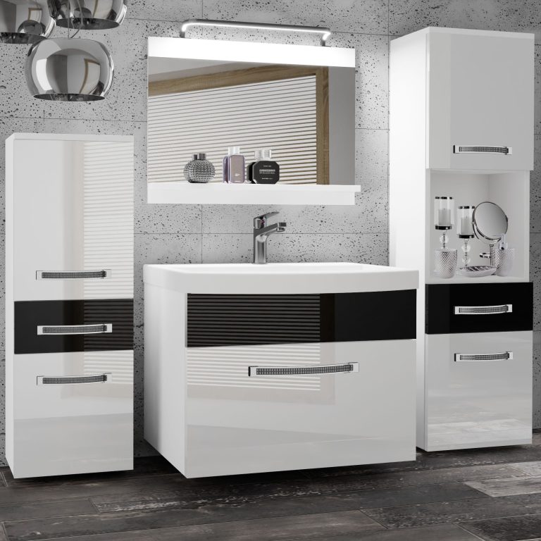 Badezimmermöbel Belini Premium Full Version Hochglanzweiß / Hochglanzschwarz + Waschbecken + Spiegel + LED-Beleuchtung Glamour 84 Hersteller GLA P 5/0/W/WB/0/MB/PP
